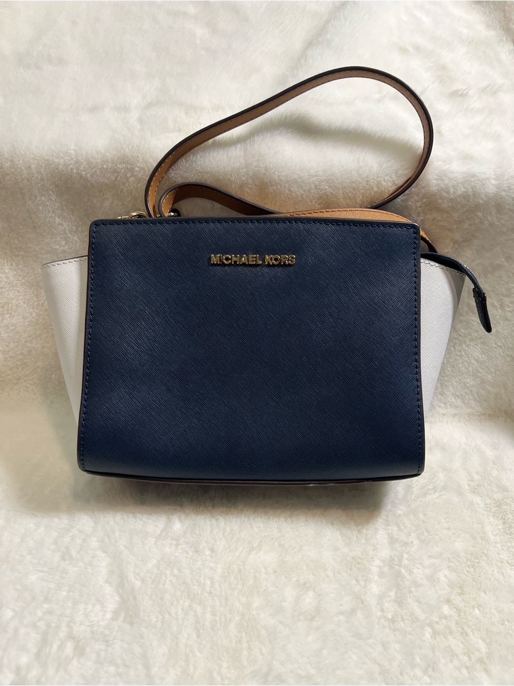 MICHAEL Michael Kors Selma Mini Navy, White and Tan Crossbody Bag